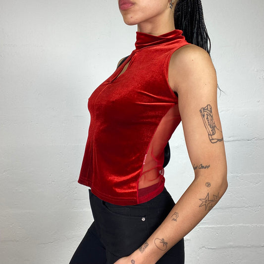 Vintage 2000's Glamorous Blood Red Velour Turtleneck Sleeveless Top with Drop Cut and Mesh Back (S)