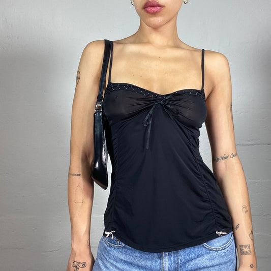 Vintage 2000's Clubwear Black Draped Cami Top with Silky Ribbon Detail (M)