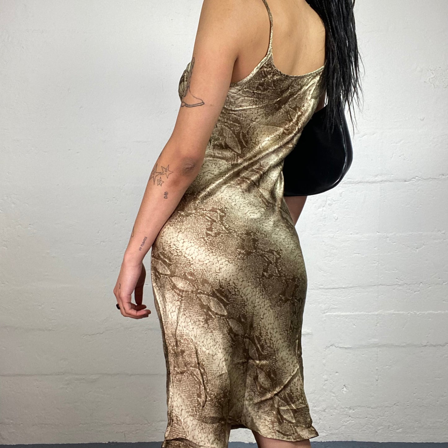 Vintage 2000's Glamorous Beige Toned Snake Skin Effect Printed Knee Length Cami Dress (M)
