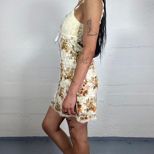 Vintage 2000's Summer Country Girl Lace Material Floral Print Mini Cami Dress with 3D Roses Embroidery Bra Piece Detail (M)