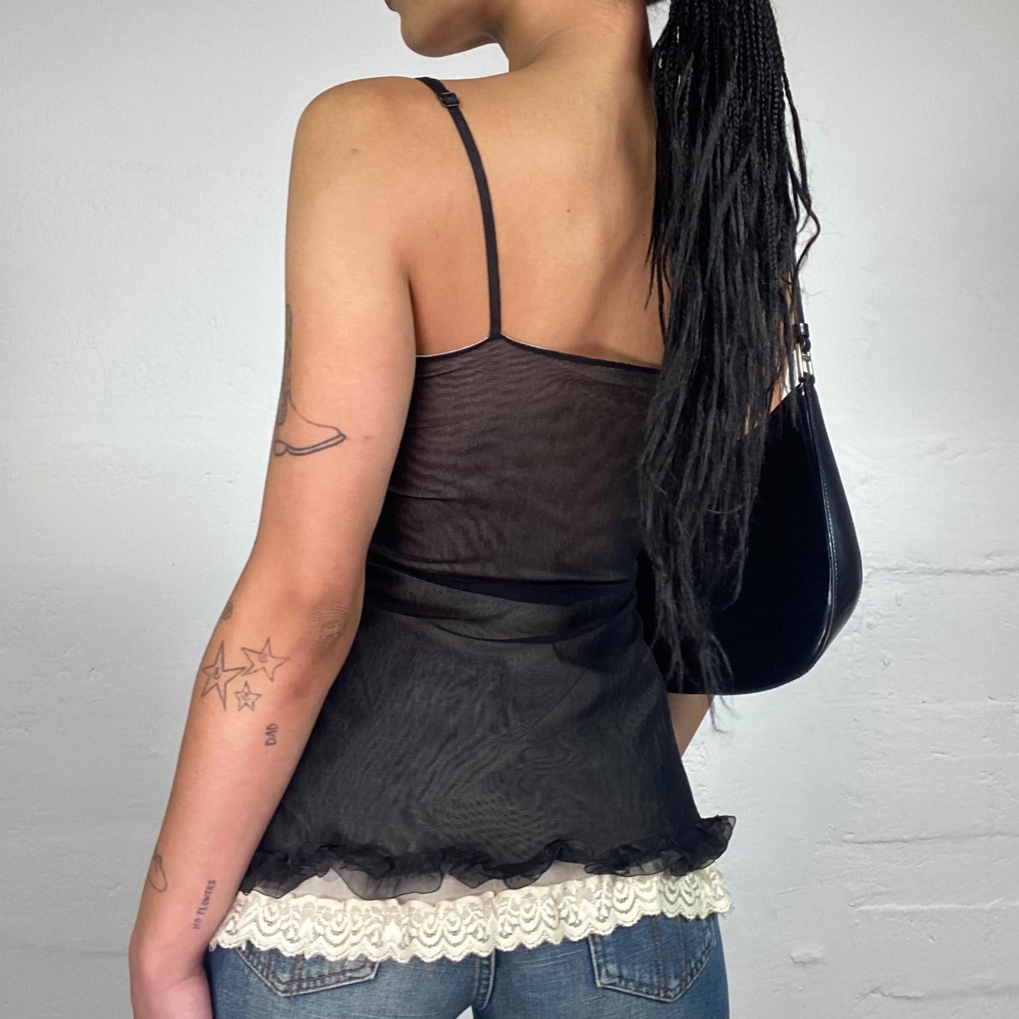 Vintage 2000's Romantic Glam Black Lingerie Style Striped Cami Top With Sequin Decorated Bra and White Lace Detail (M)