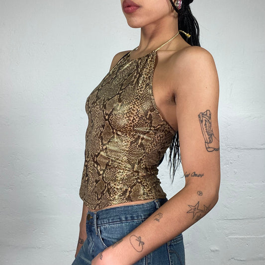 Vintage 2000's Glam Golden Shiny Snake Skin Print Neckholder Top (S)