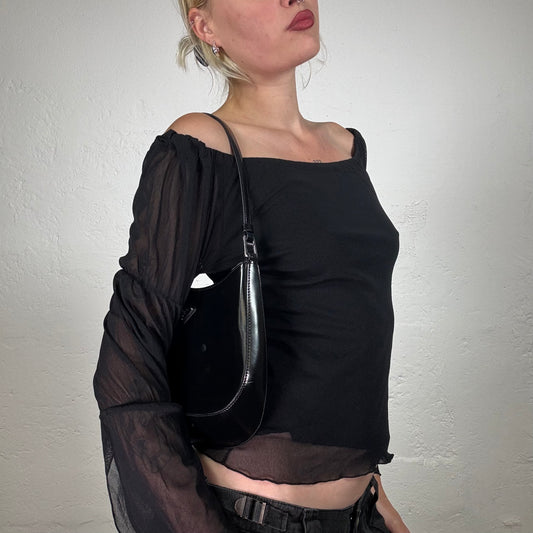 Vintage 2000's Downtown Girl Black Off Shoulder Top with Sleeve Scrunch Detail (S/M)
