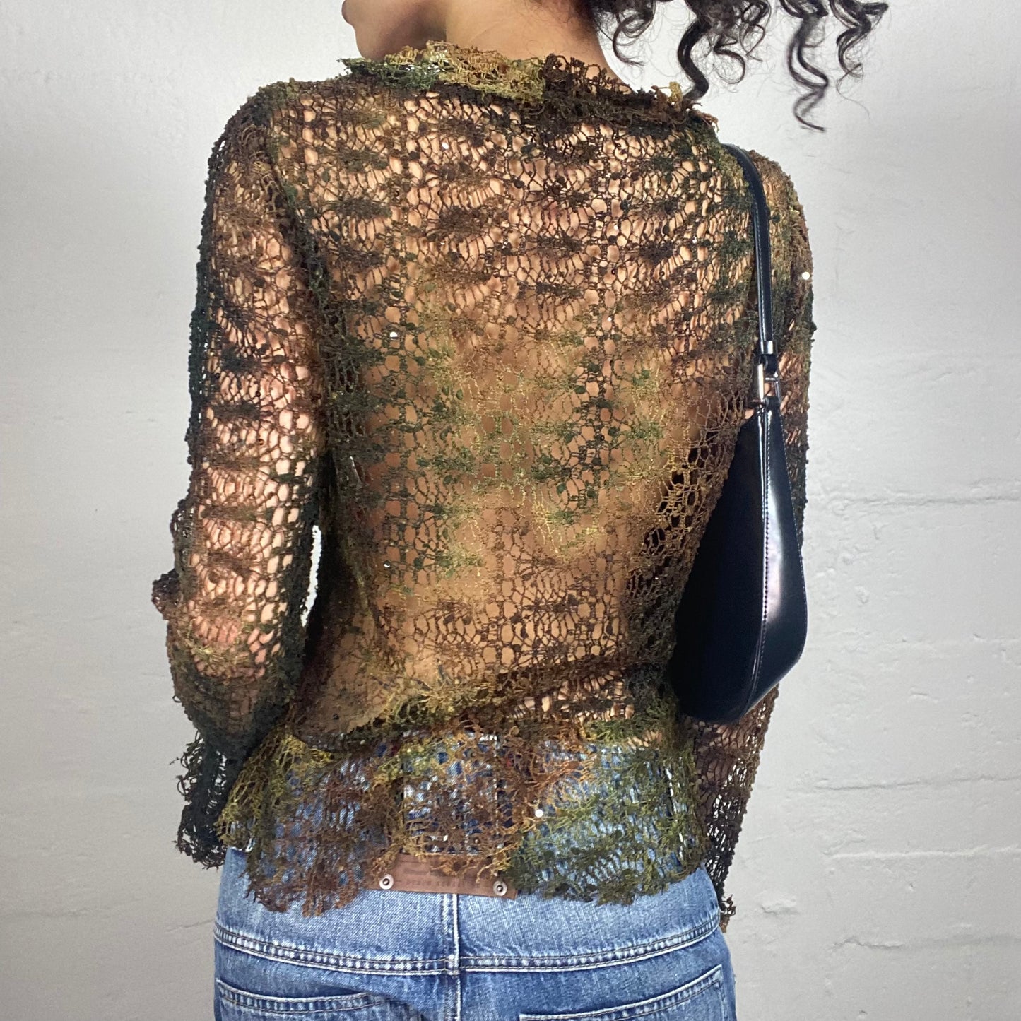 Vintage 2000's Forest Fairy Net Green and Brown Longsleeve Top with Front Binding (S)