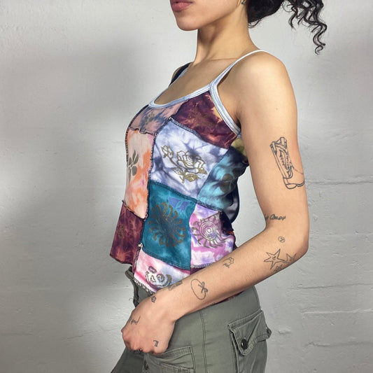 Vintage 2000's Hippie Tie Dye Multicoloured Patched Cami Top with Middle Flower Print (S)