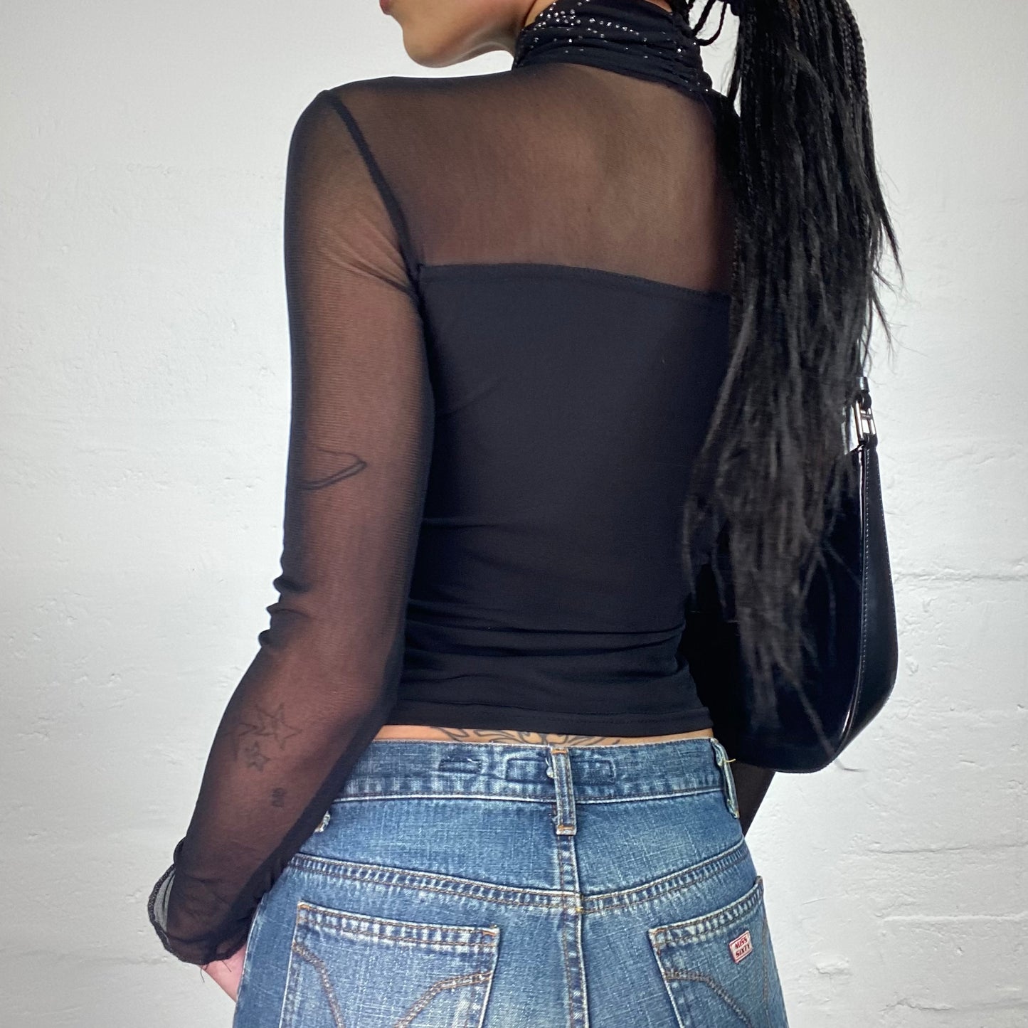 Vintage 2000's Clubwear Black Turtleneck See Through Mesh Parts Longsleeve Top with Silver Stars Print (S)