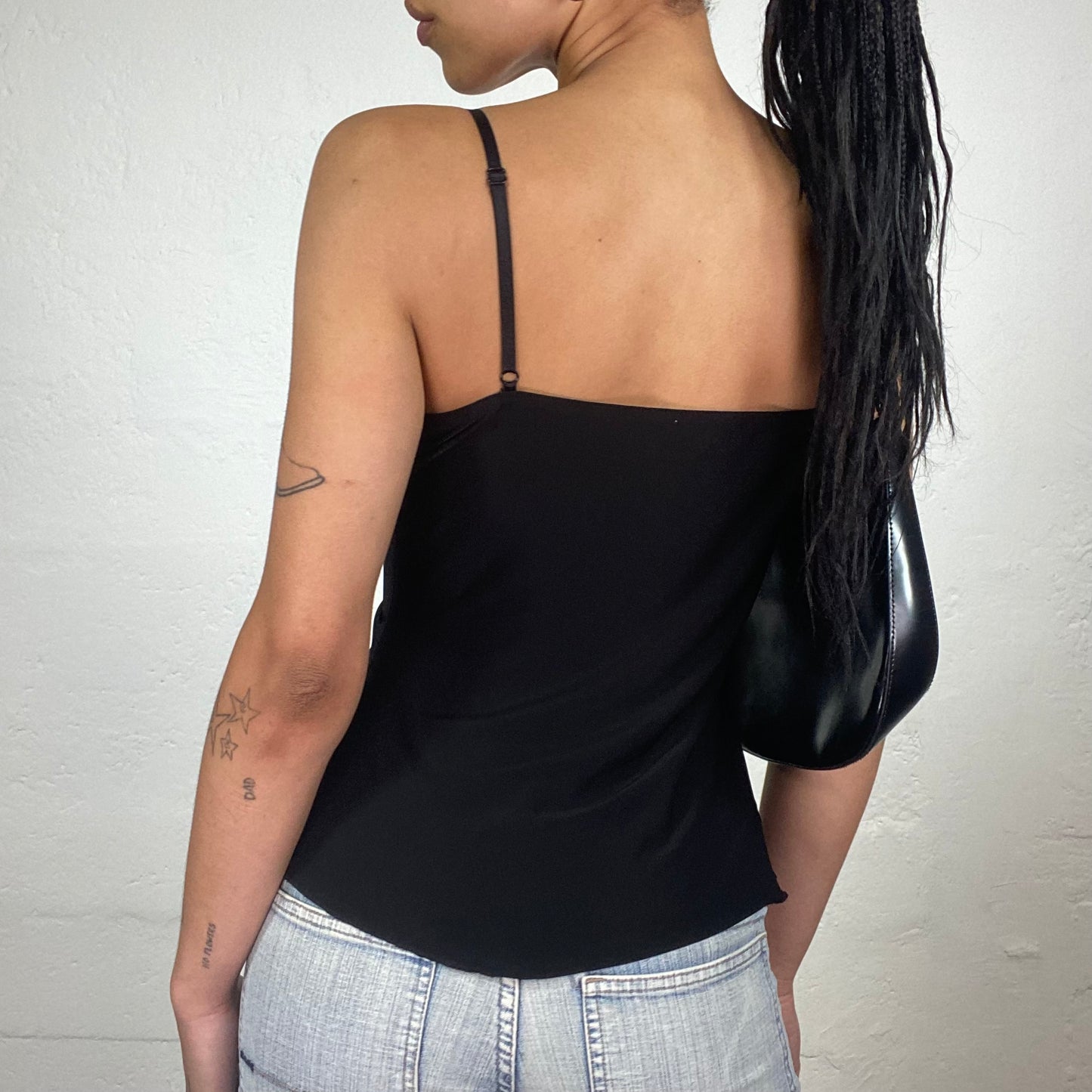Vintage 2000’s Clubwear Black Jersey Cami Top with Brown and Beige Sequin Embroidery (S)