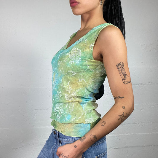 Vintage 2000's Boho Girl Blue and Green Tie Dye Layered White Printed Top (M)