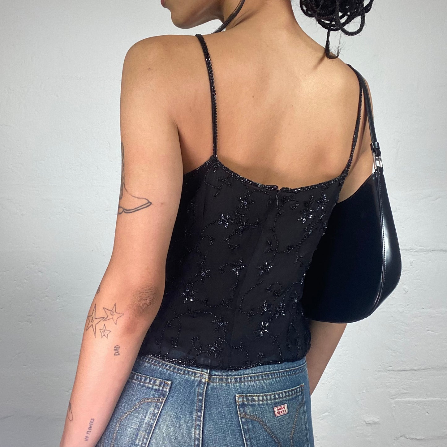 Vintage 2000's Romantic Black Chiffon Cami Top with Black and Silver Shiny Embroidery (M)