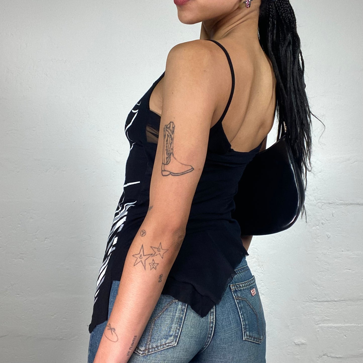 Vintage 2000's Downtown Girl Blaxk Asymmetric Bottom Cami Top with White Face Print (S)