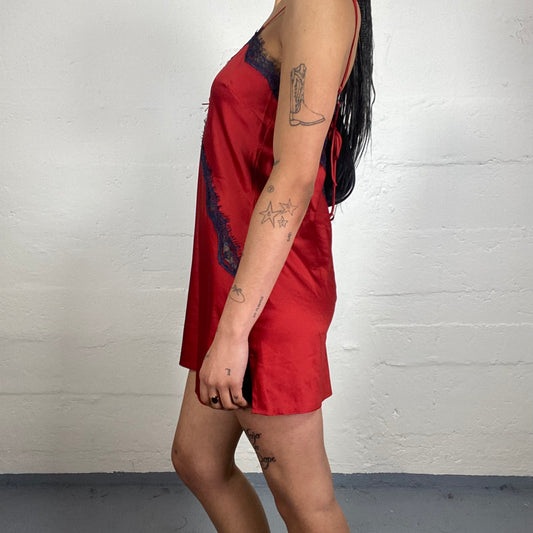 Vintage 2000's Romantic Lingerie Style Red Silky Mini Cami Dress with Black Lace Details (M)