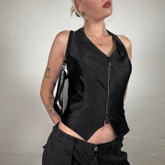 Vintage 2000's Rocker Girl Black Satin Halter Neck Top with Rhinestone Zipper Detail (M)