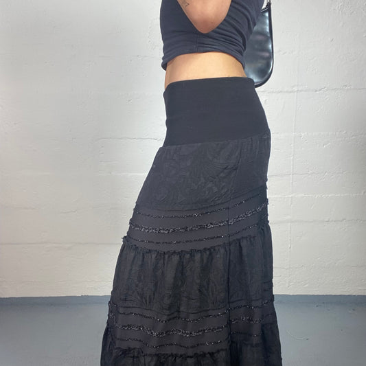 Vintage 2000's Boho Chic Black Low Waisted Maxi Ruffled Layered Skirt with Matching Tone Print and Mini Sequins (M)