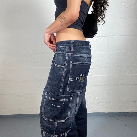 Vintage 2000's Hip Hop Dark Blue Denim Baggy Jeans with White Seaming (S)