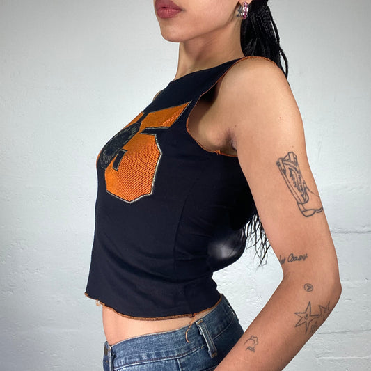 Vintage 2000's Hip Hop Girl Black Hooded Tank Top with Orange 75 Print (M)
