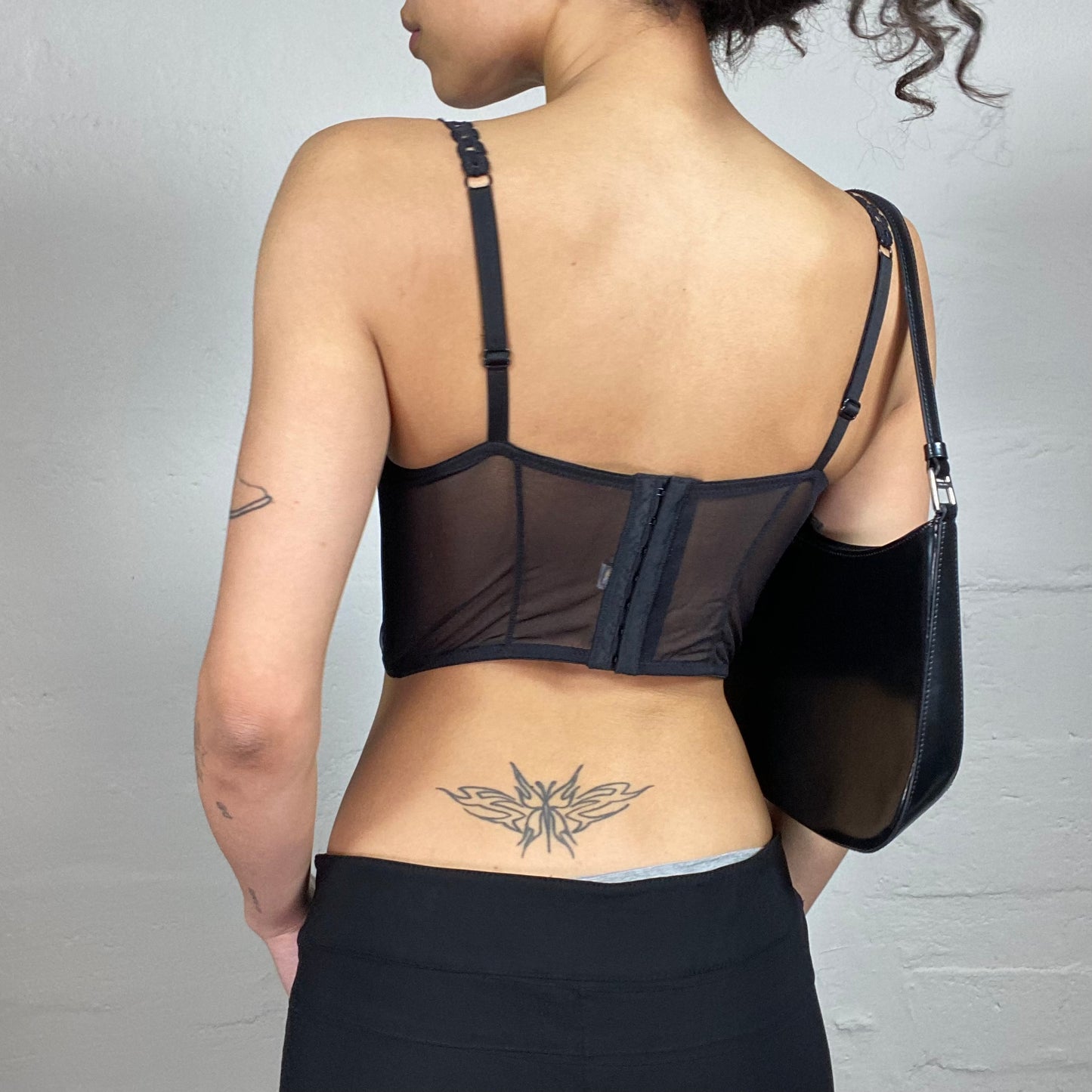 Vintage 2000's Clubwear Black Mesh Cropped Corset Top with Silver Print (S)