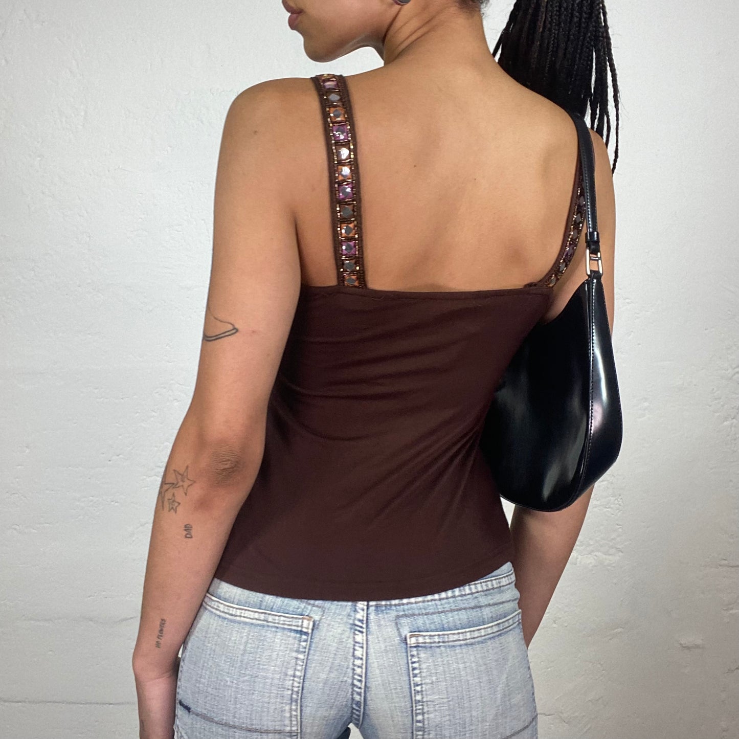 Vintage 2000’s Cowgirl Clubwear Brown Asymmetric Trim Top with Silver Decorations (S)