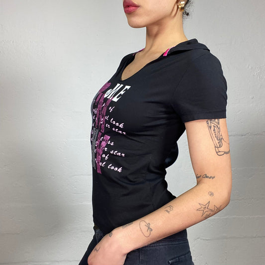 Vintage 2000's Grungy Black Hooded Tee with Pink and White Typography Print (M/L)