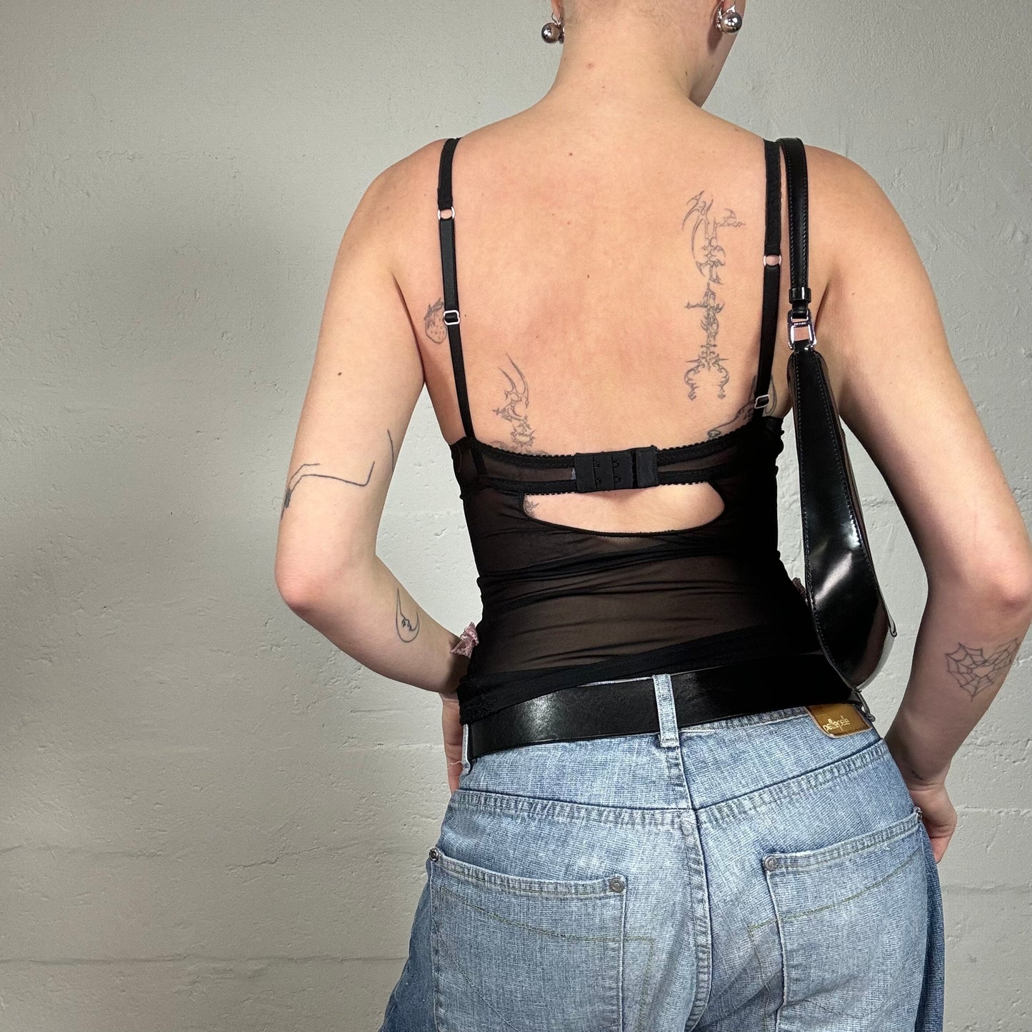 Vintage 2000's Soft Girl Black Corset Top with Pink Lacing Detail (S)