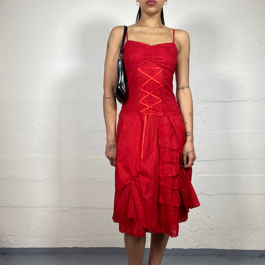 Vintage 2000's Vamp Girl Corset Style Top Red Cami Midi Dress with Layered Skirt (XXL)