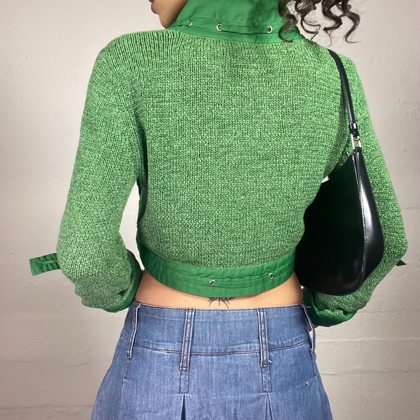 Vintage 2000's Sporty Knitted Green Longsleeve Crop Top with Multiple Details (S)