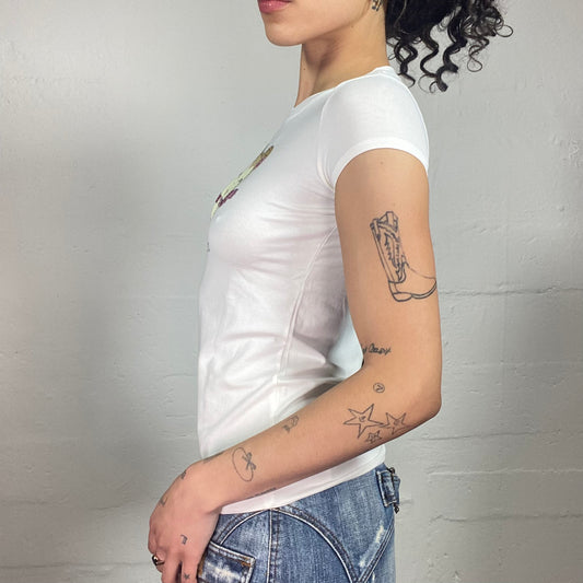 Vintage 2000's Cute White Micro Sleeves Tee with Cartoon Print (S)