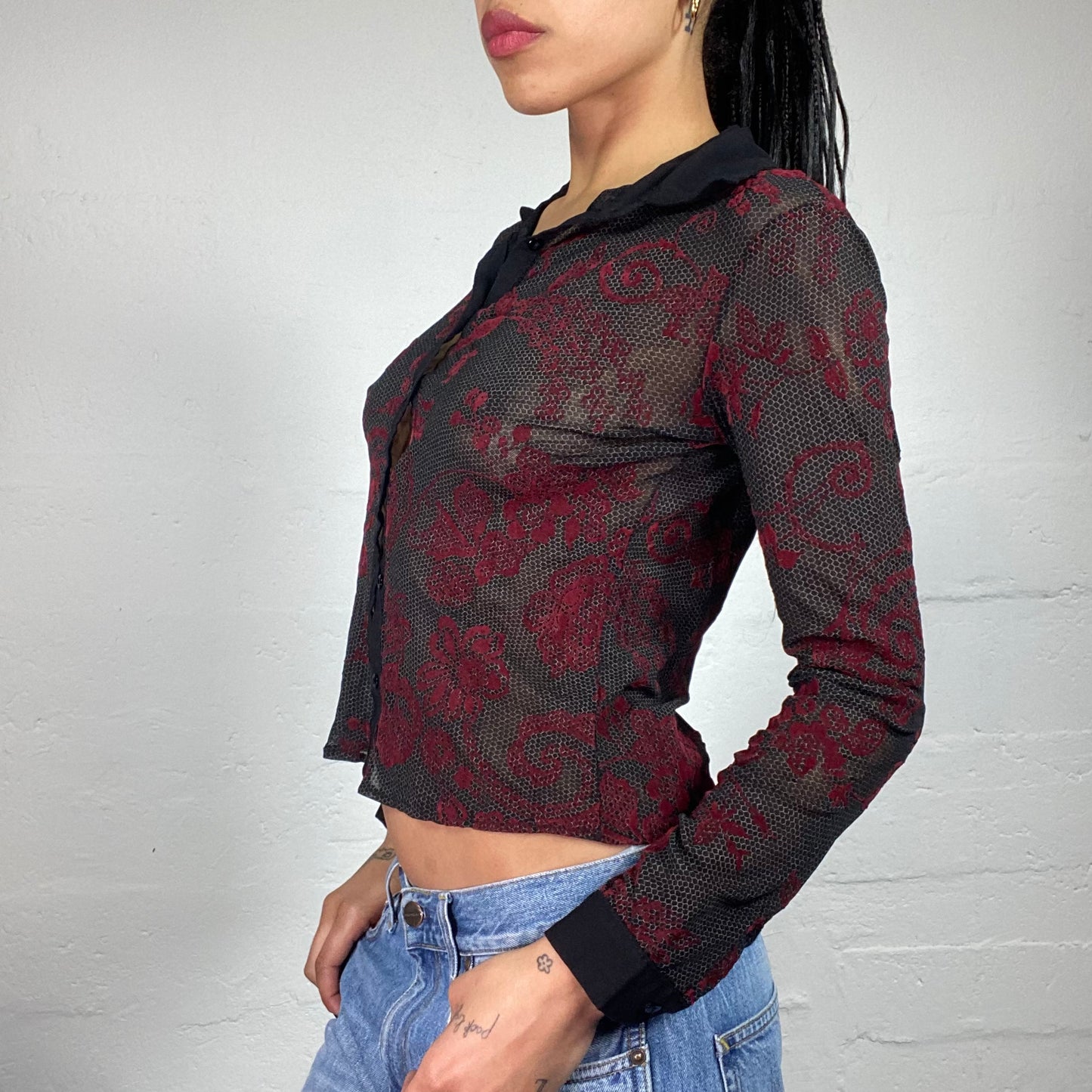 Vintage 2000's Gothic Black Mesh Button Up Collared Shirt with Dark Red Boho Print (L)
