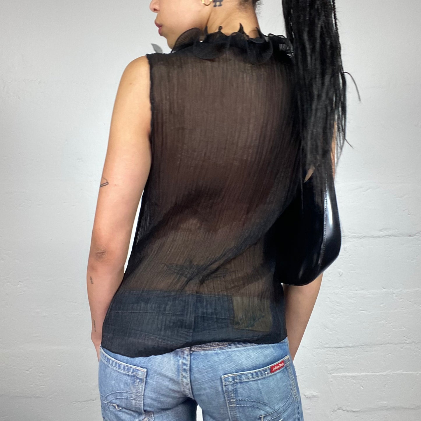 Vintage 2000's Romantic See Through Pleated black Button Up Sleeveless Shirt with Ruffled Embroidery (S)