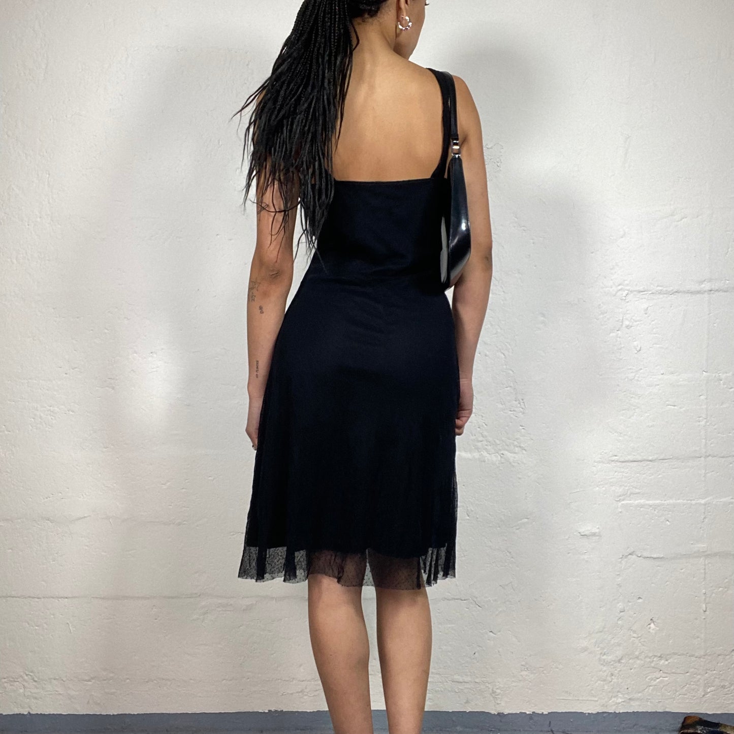 Vintage 2000's Saturday Dinner Black Layered Midi Dress with Ruffled Chiffon Detail (M)