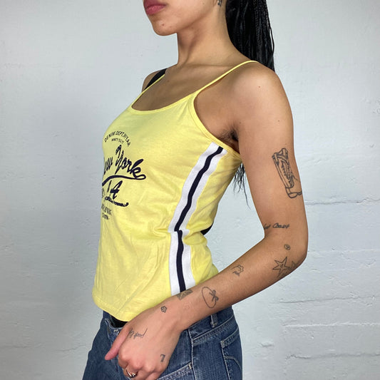 Vintage 2000's Sporty Summer Vibes Lemon Yellow Cami Top with Navy Blue Print (M)