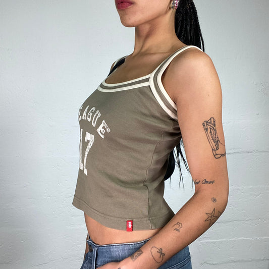 Vintage 2000's Hip-Hop Khaki Green Jersey Cami Top with White League 17 Print (M)