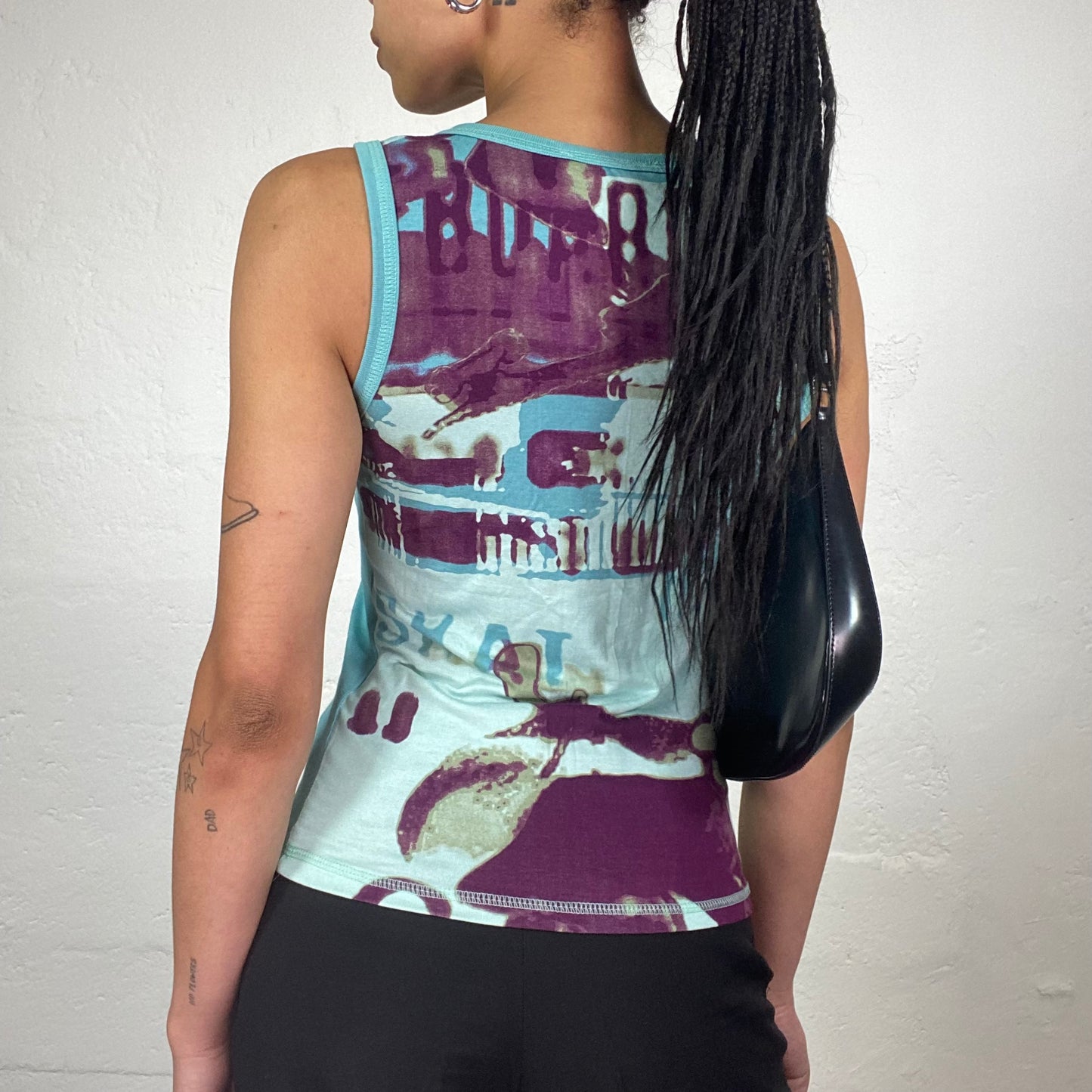 Vintage 2000’s Downtown Girl Blue Jersey Cami Top with Abstract Typo Details Purple Print (S)