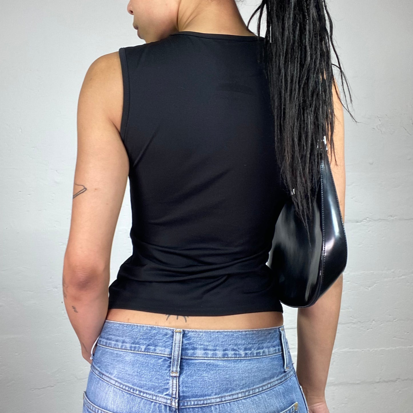 Vintage 2000's Biker Girl Black Tank Top with Shiny Princess Rhinestone Embroidery (M)