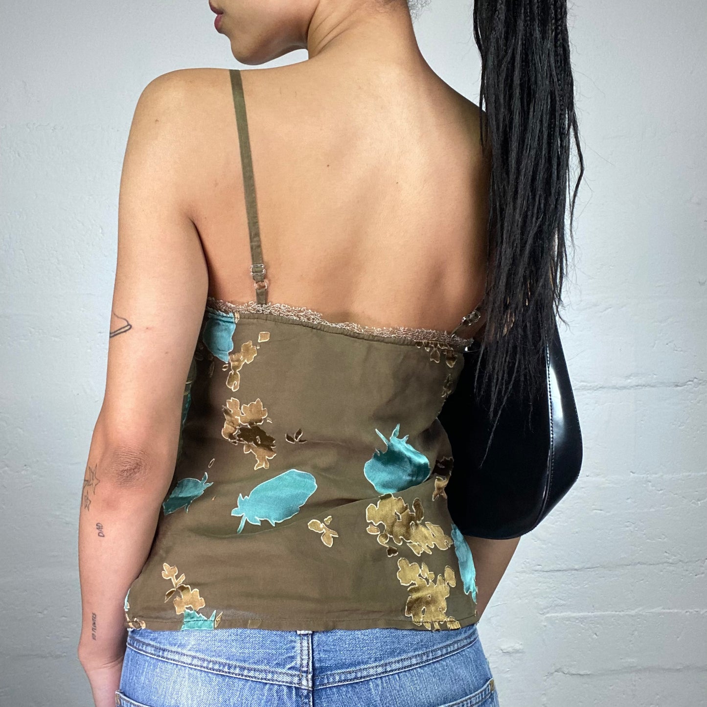 Vintage 2000's Romantic Khaki Green Cami Top with Blue and Beige Floral Embroidery and Ruffled Trim (S)