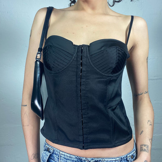 Vintage 2000's Coquette Black Satin Corset with Front Closing (L)