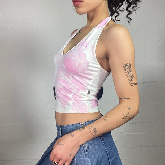 Vintage 2000's Cute Summer White Neckholder Top with Pink Floral Print (S)