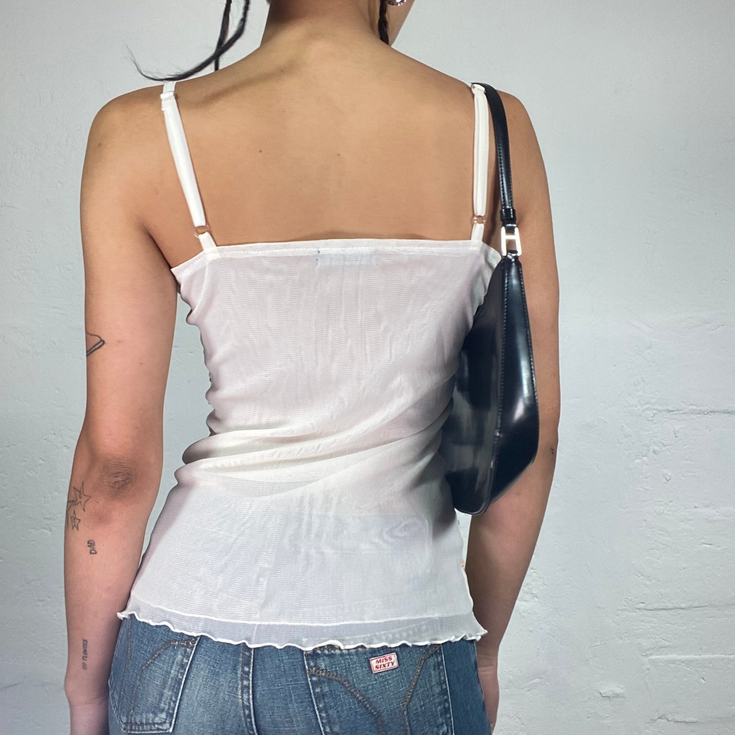 Vintage 2000's Soft Girl White Mesh Layered Cami Top with Peachy Sequin Embroidery (S)