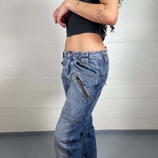 Vintage 2000's Classic Blue Straight Cut Low Rise Jeans with Brown Details (L)