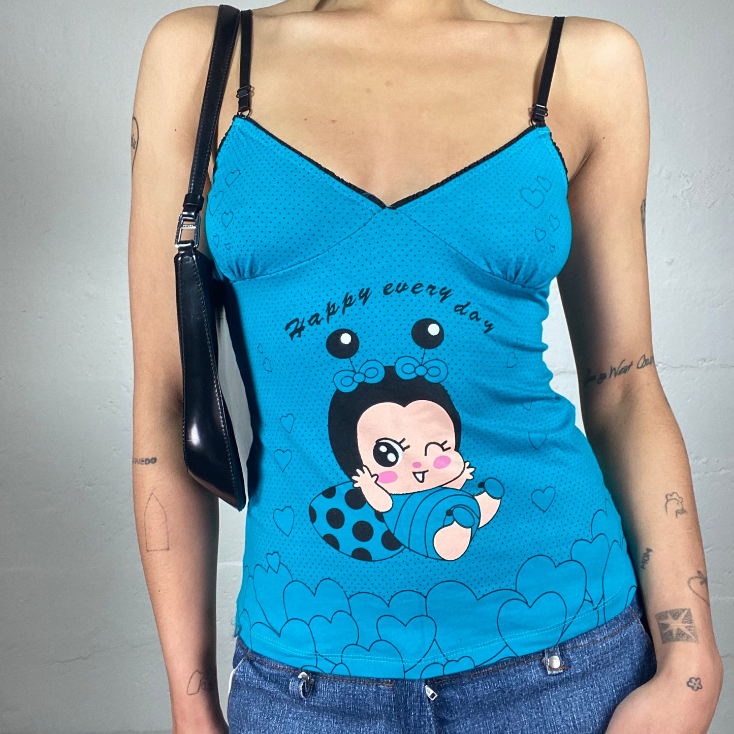 Vintage 2000's Playful Blue Cami Top with Cartoon Baby Print and Black Seaming (S/M)