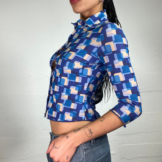 Vintage 2000's Downtown Girl Blue Geomentric Print 2/4 Sleeve Button Up Shirt with Collar (S)