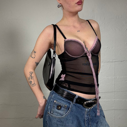 Vintage 2000's Soft Girl Black Corset Top with Pink Lacing Detail (S)
