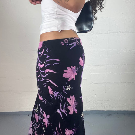 Vintage 2000's Romantic Black Chiffon Flowy Midi Skirt with Purple Floral Print (L)