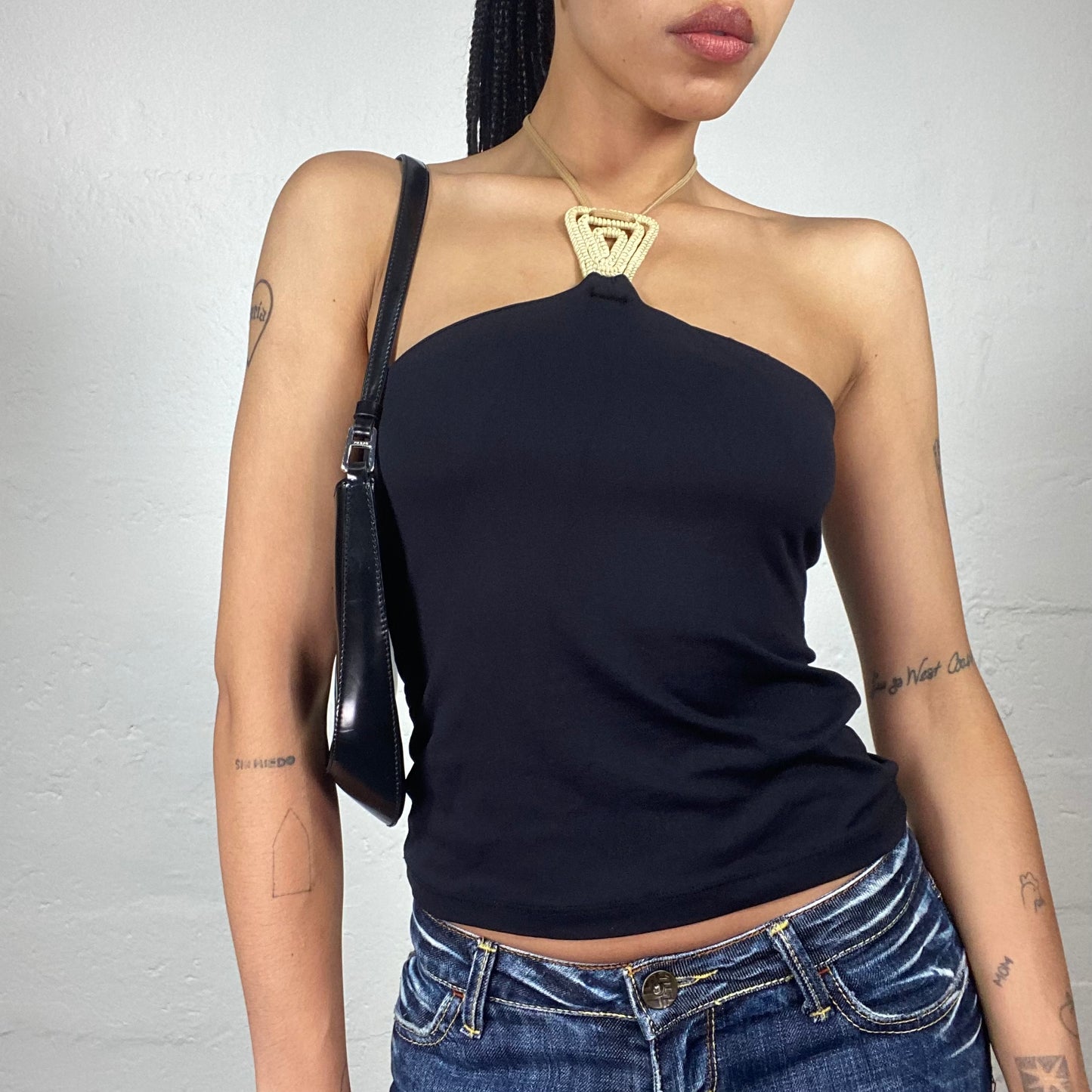 Vintage 2000's Dark Boho Girl Black Classy Neckholder Top with Crochet Beige Detail (M)
