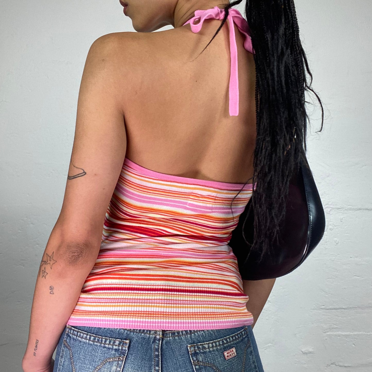 Vintage 2000's Summer Girl Pink Toned Jersey Striped Neckholder Top (XS)