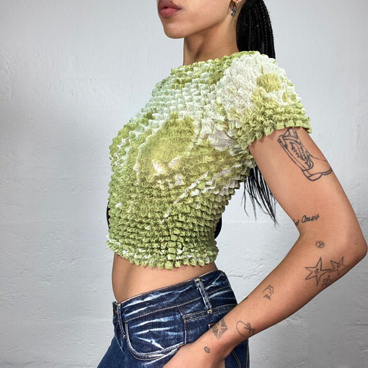 Vintage 2000's Soft Girl Green and White 3D Pleated Shortsleeved Top (S)