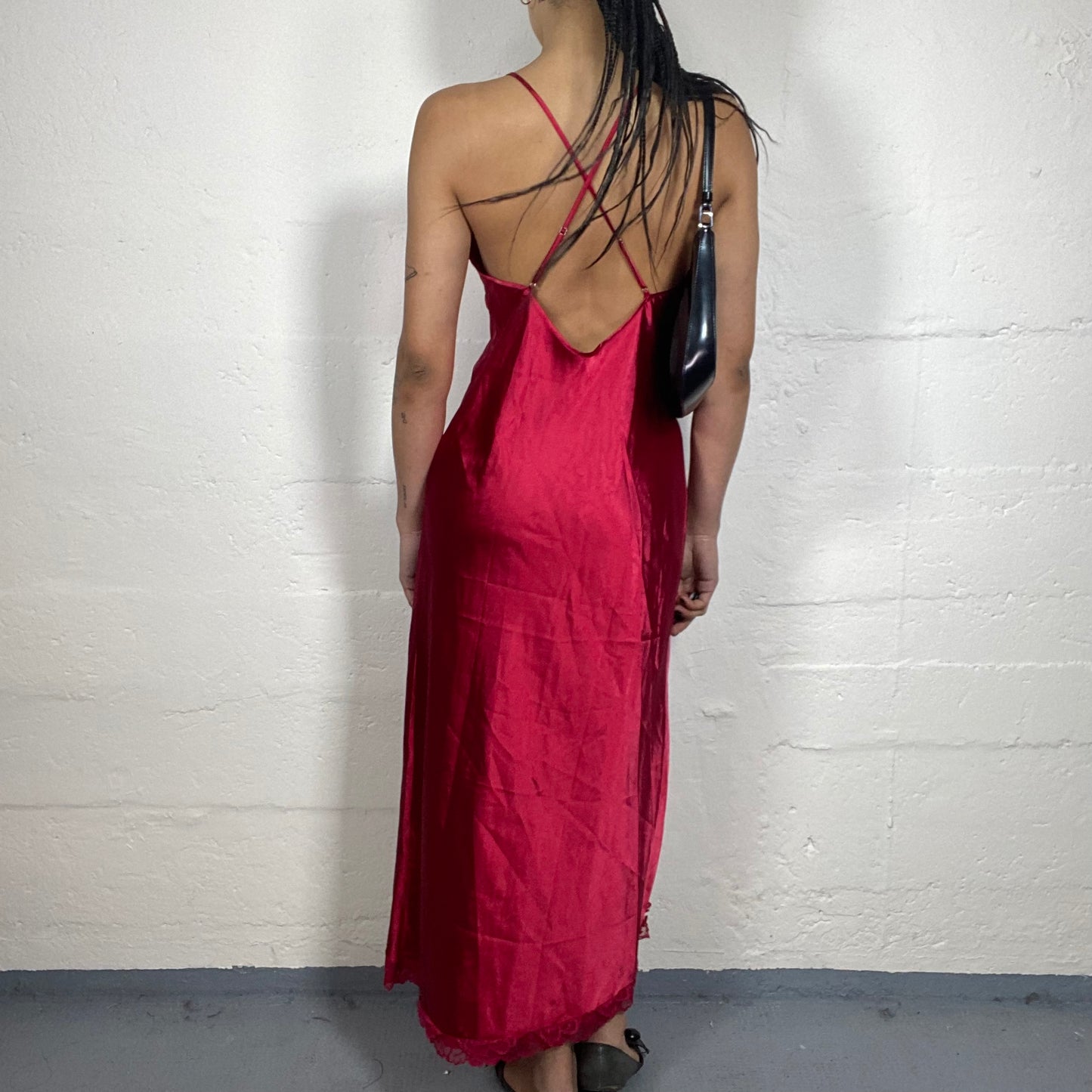 Vintage 2000's Romantic Dinner Date Red Silky Maxi Cami Gown with Side Cut and Lace Trim (M)
