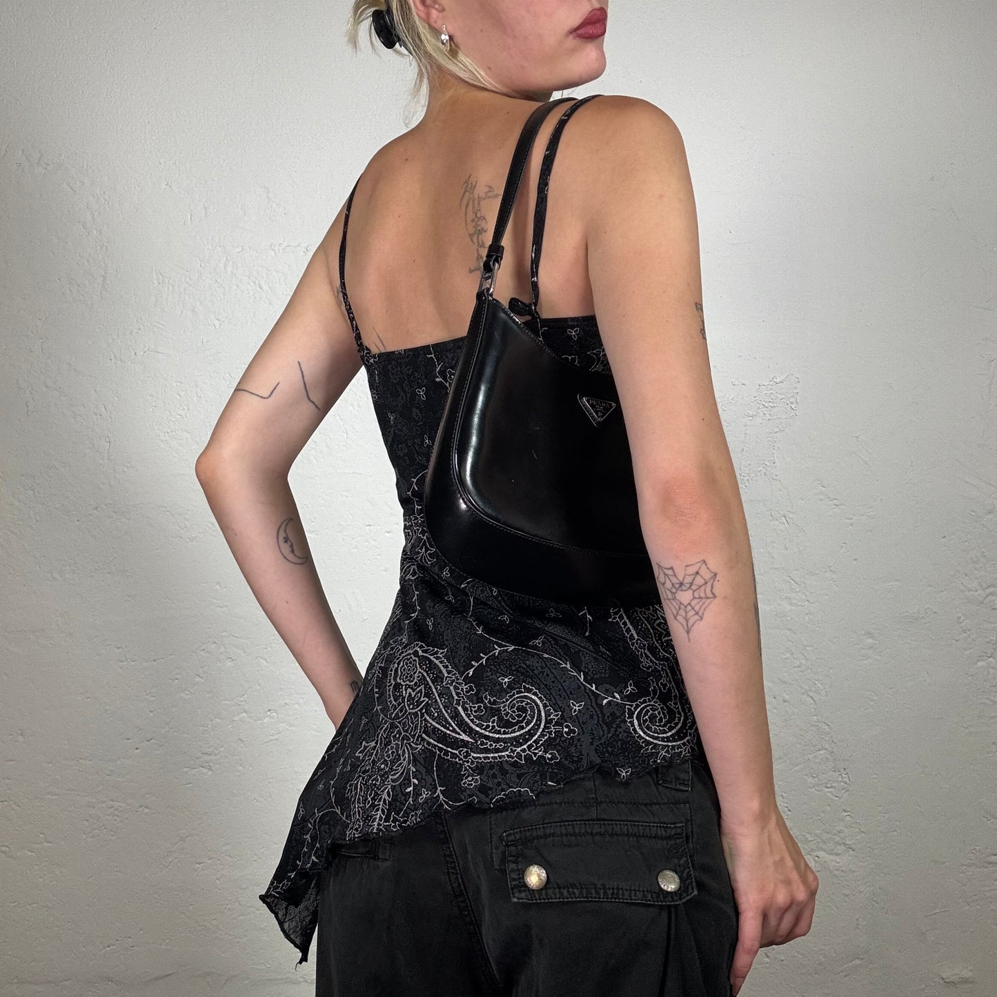 Vintage 2000's Gothic Black Chiffon Top with Paisley print and Asymmetrical Ruffle Hem (L)