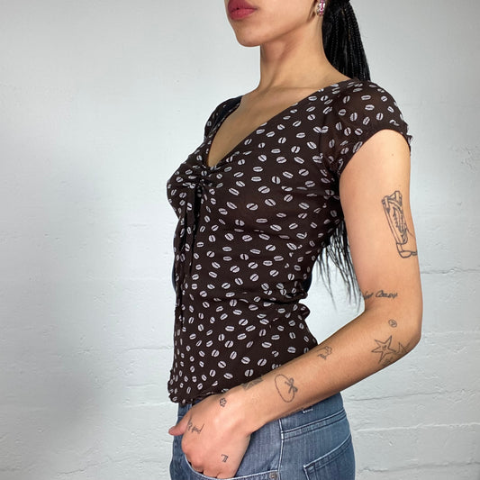 Vintage 2000's Soft Girl Brown Tiny Kisses White Print V-Cut Top with Middle Binding (S)