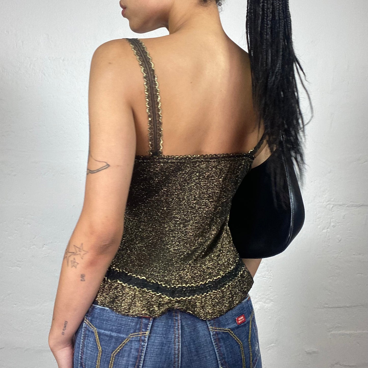 Vintage 2000's Grunge Girl Black Cami Top with Gold Shimmery Cut Ins and Lace Up Detail (S/M)