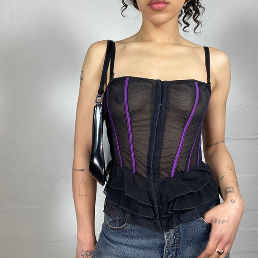 Vintage 2000's Goth Black Mesh Ruffled Bottom Corset with Purple Stripes (S)